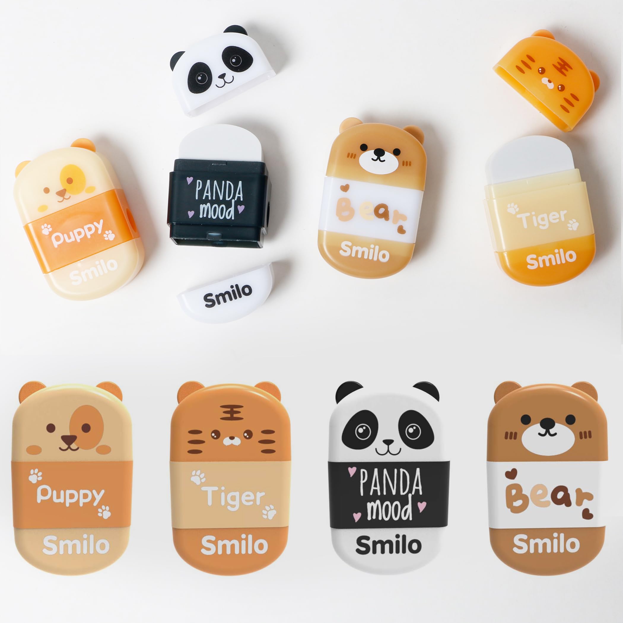 Smilo 8 Pack Animal Pencil Sharpeners - 2-in-1 Manual Sharpener with Eraser & Lid (Panda/Bear/Puppy/Tiger) for School Supplies - Mess-Free