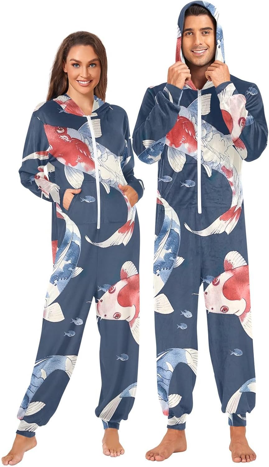 GAIREG Watercolor Fish Blue Mens Womens Onesie Pajamas, Warm Unisex Adult Lounge Wear