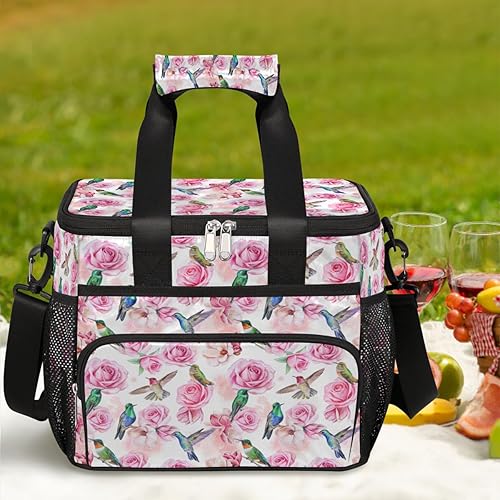 Miniatura 7 de Lonchera aislada, con diseño de colibrí, pájaro, flores, rosas, reutilizable, a prueba de fugas, bolsa de almuerzo grande congelable con correa