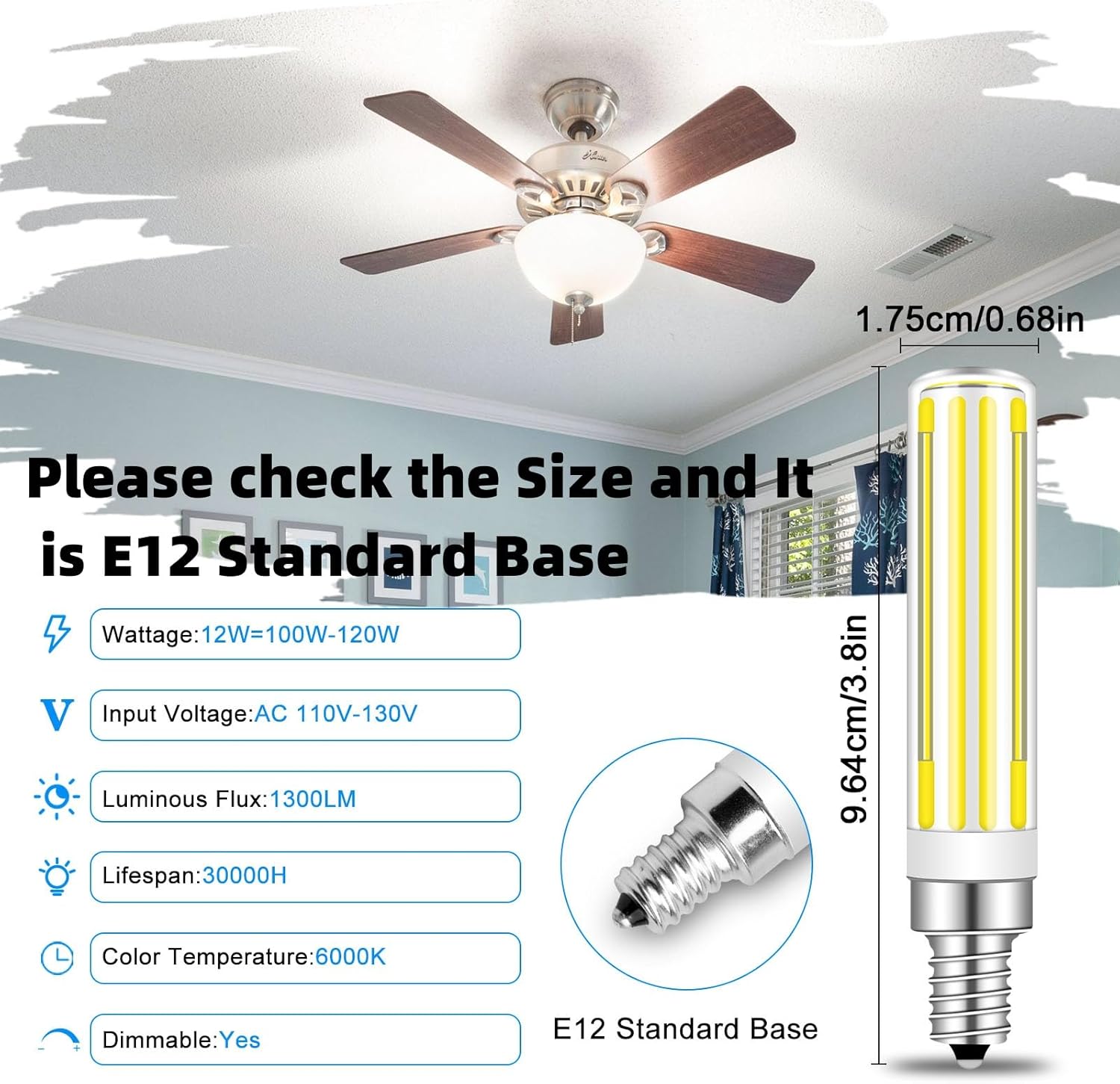 Updated Dimmable E12 LED Bulbs 100W 120W Incandescent Bulb Equivalent,Super Bright E12 Candelabra Bulb COB E12 LED Corn Bulb 12W 1300LM Bulbs, Daylight White 6000K, Pack of 5