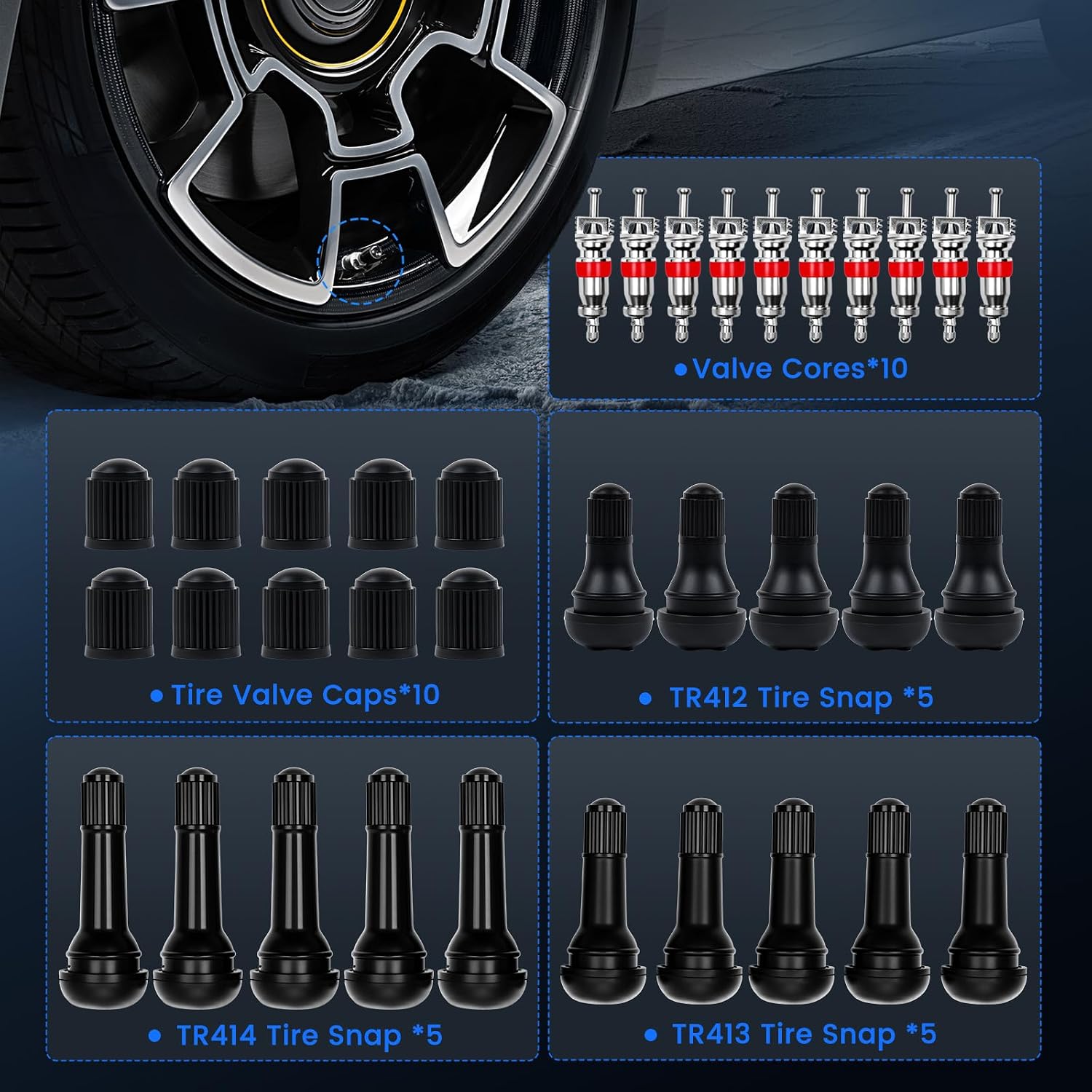 45PCS Tire Valve Stem Tool Kit – Replace Valve Stems Without Removing Tire, Complete Valve Core Removal Tool Set with TR412 TR413 TR414 for Car Motorcycle ATV Truck