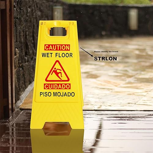 Miniatura 26 de Señal de advertencia de precaución mojada para piso, bilingüe, plegable, resistente, señales de advertencia de seguridad de doble cara