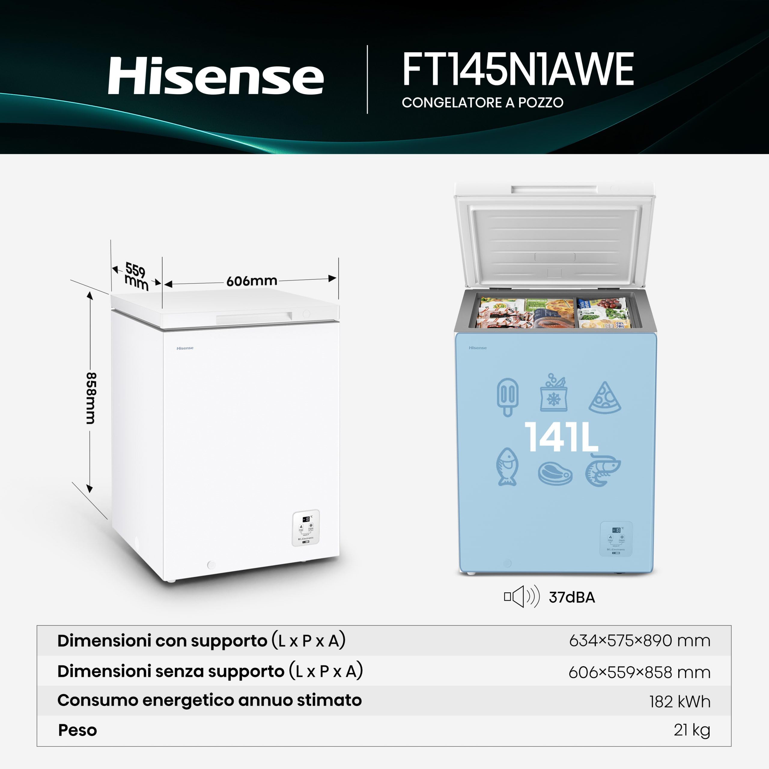 Hisense FT145N1AWE Gefriertruhe 140 Liter, LED-Beleuchtung, super leise 40 dB, E-Klasse, (L*B*H): 60,6 × 55,9 × 85,8 cm, weiß