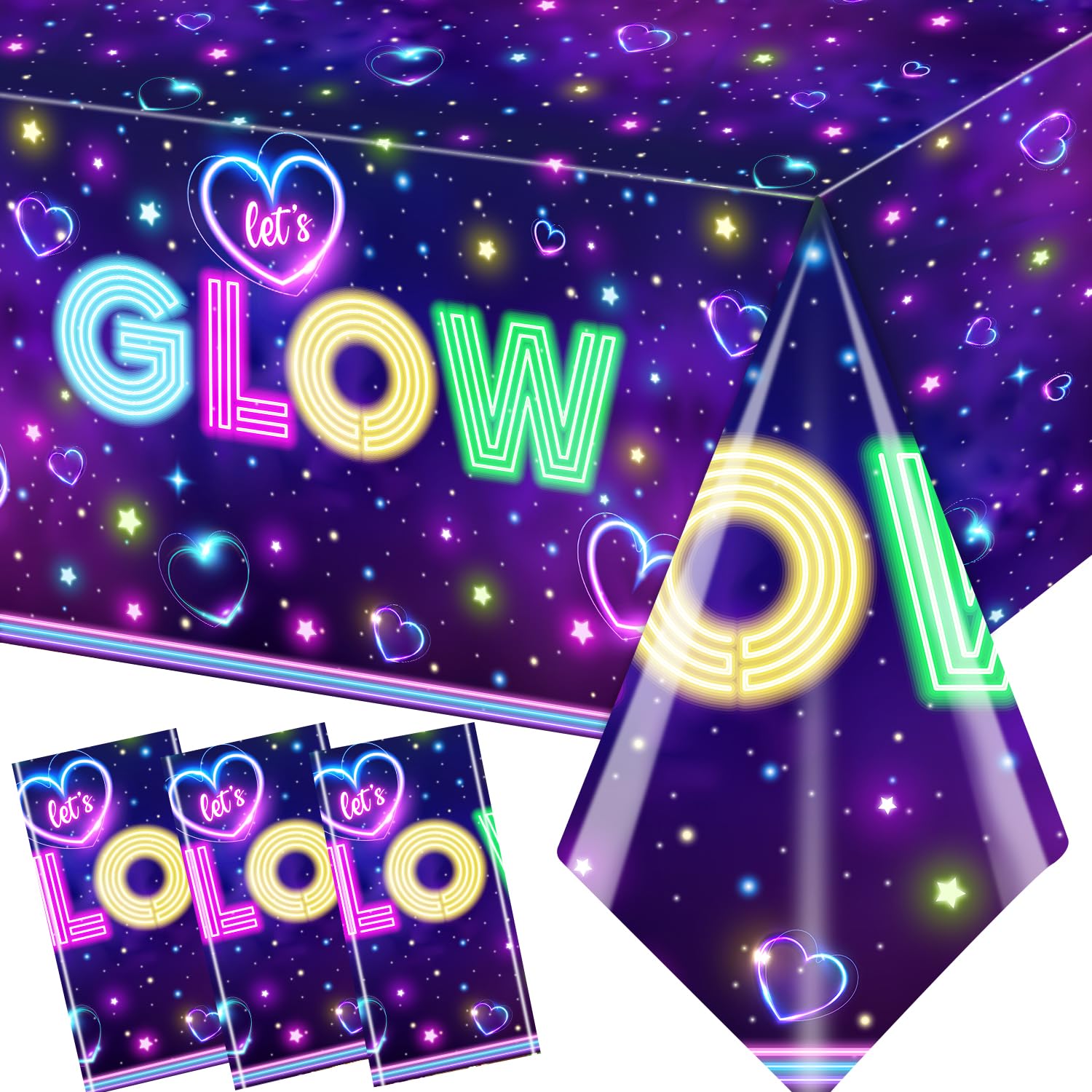 Glow Party Table Covers - 3Pcs Neon Party Tablecloths, Glow Theme Party Table Cloths Rectangle Plastic Neon Glow Tablecloth for Neon Birthday Party Black Light Party Supplies, 108 x 180 cm