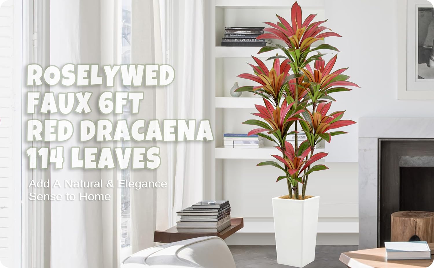 Artificial Red Dracaena Tree 6FT with 114 Leaves & 7 Heads & White Tall Planter Cover with Coconut Fiber Tall Faux Tropical Silk Bicolor Plant 72 Inch for Indoor Home Office Porch Mall Decor - Image 3