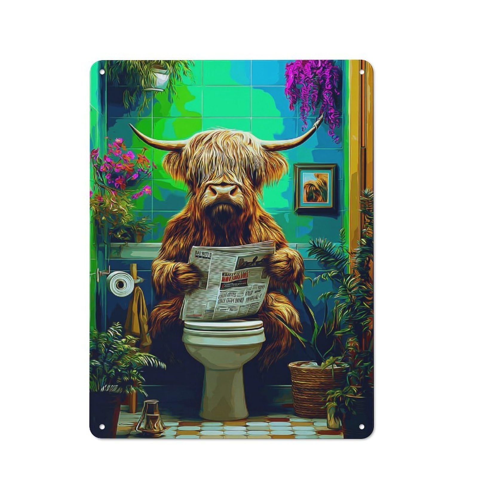 Country Metal Sign with Highland Cow Reading Newspaper in Bathroom Design 40x30cm, Farmhouse Farmhouse Wall Decor for Kitchen, Cottage, Porch Or Garden Room