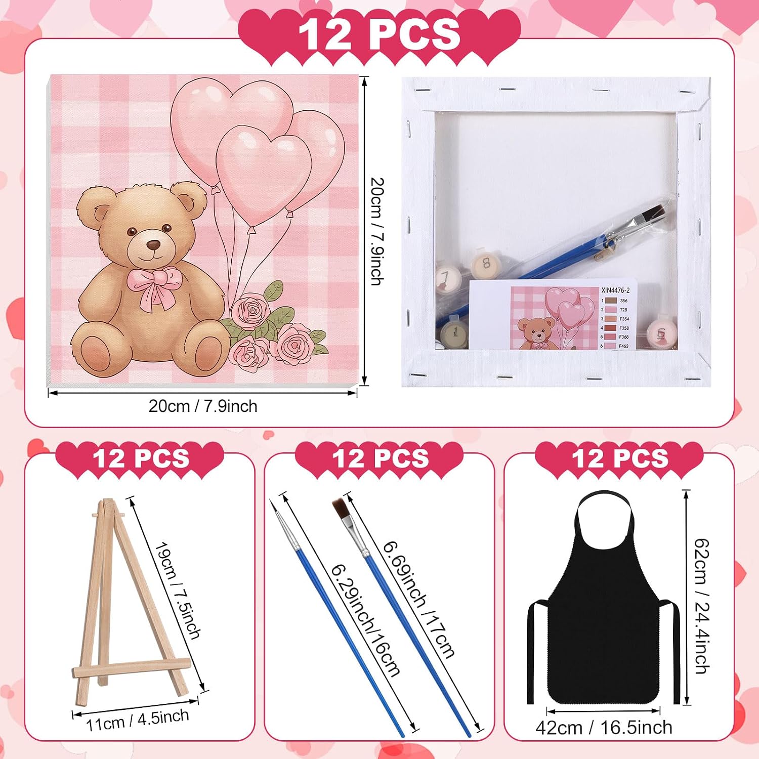 MotiMind 12 Sets Valentine's Day Framed Paint by Number Kit for Adults with 12 Wooden Easels, 12 Apron, 12 Pigment 12 Brush, Pink Heart Red Truck Bear DIY Acrylic Paint by Number Kits for Valentines