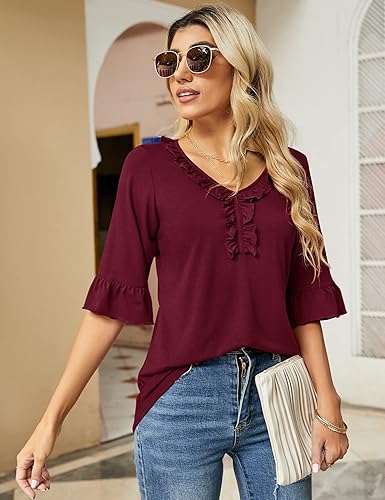 Miniatura 3 de Ivicoer Camisetas casuales con cuello en V para mujer, holgadas, para verano, otoño, mangas 34 acampanadas, tops, blusas túnica con volantes