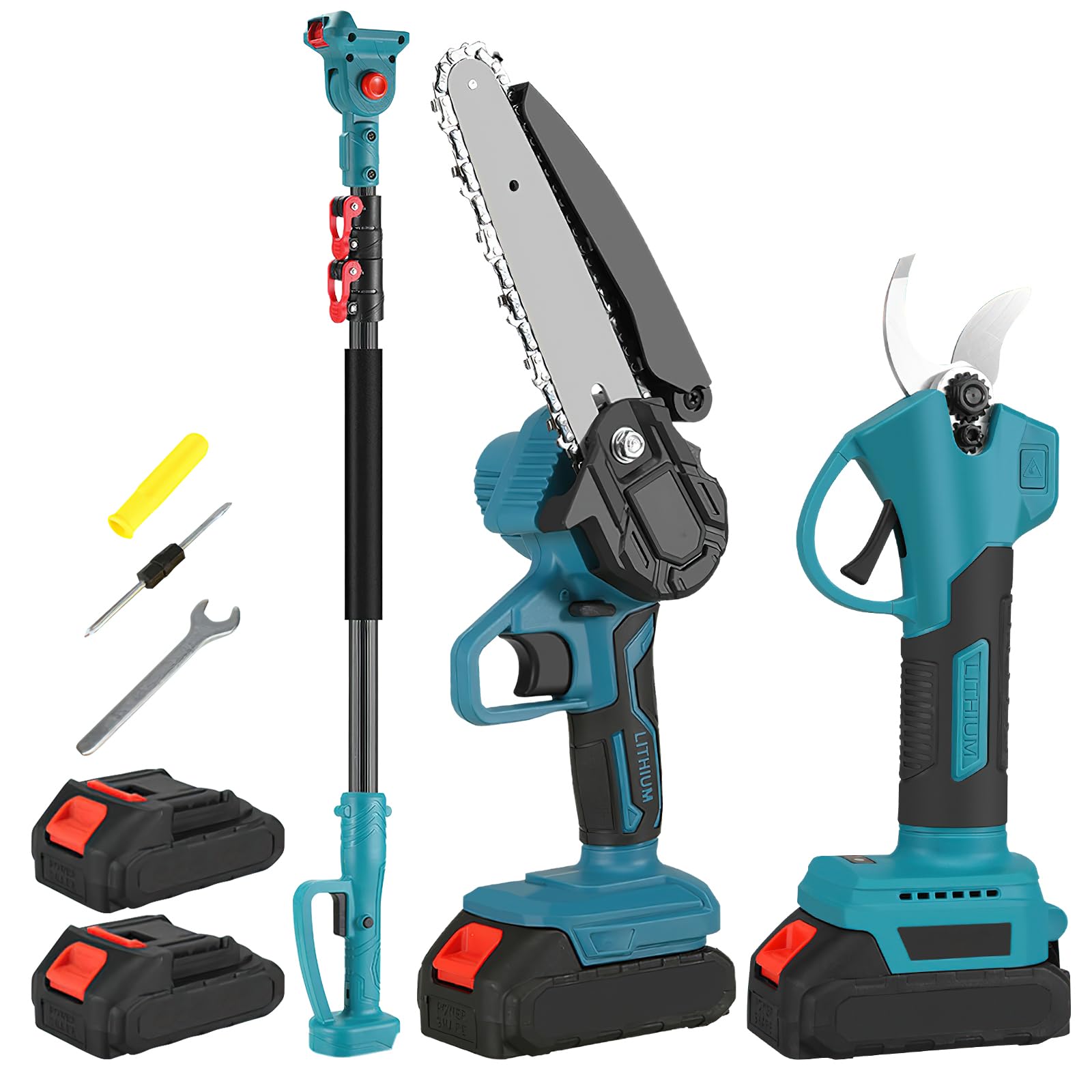 Tijeras De Podar Eléctricas,Motosierra Telescopica 6 Pulgadas,4 En 1 Kit De Herramientas Con 2 * 7500 Mah Baterías,Adecuado Para Podar Ramas,600W (A(2 baterías))