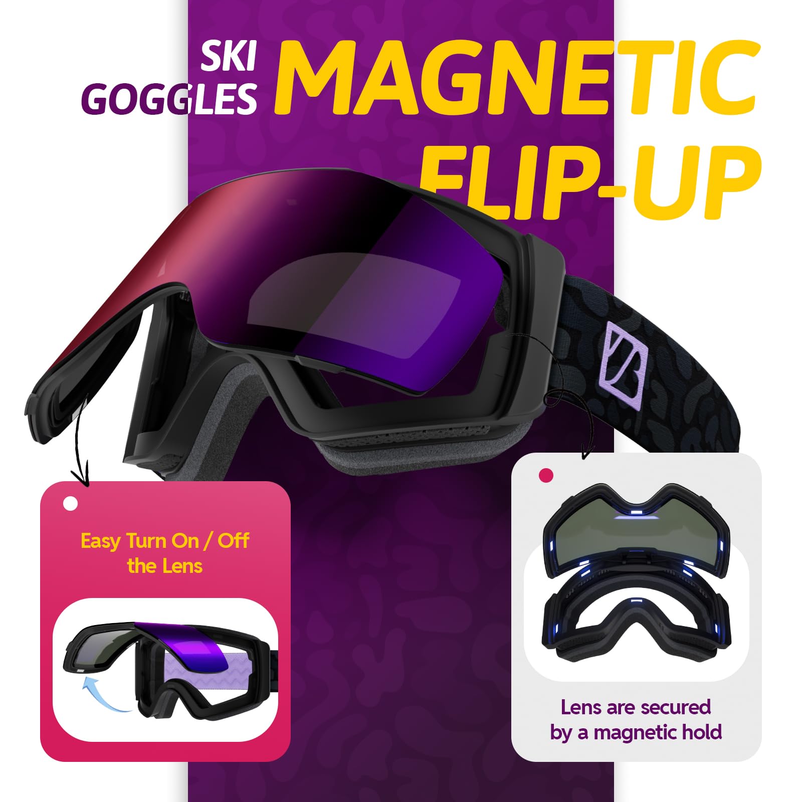 JUBAO Gafas de esquí abatibles para hombres y mujeres, antivaho, magnéticas, OTG, para nieve, snowboard, para desempañamiento instantáneo, protección UV400