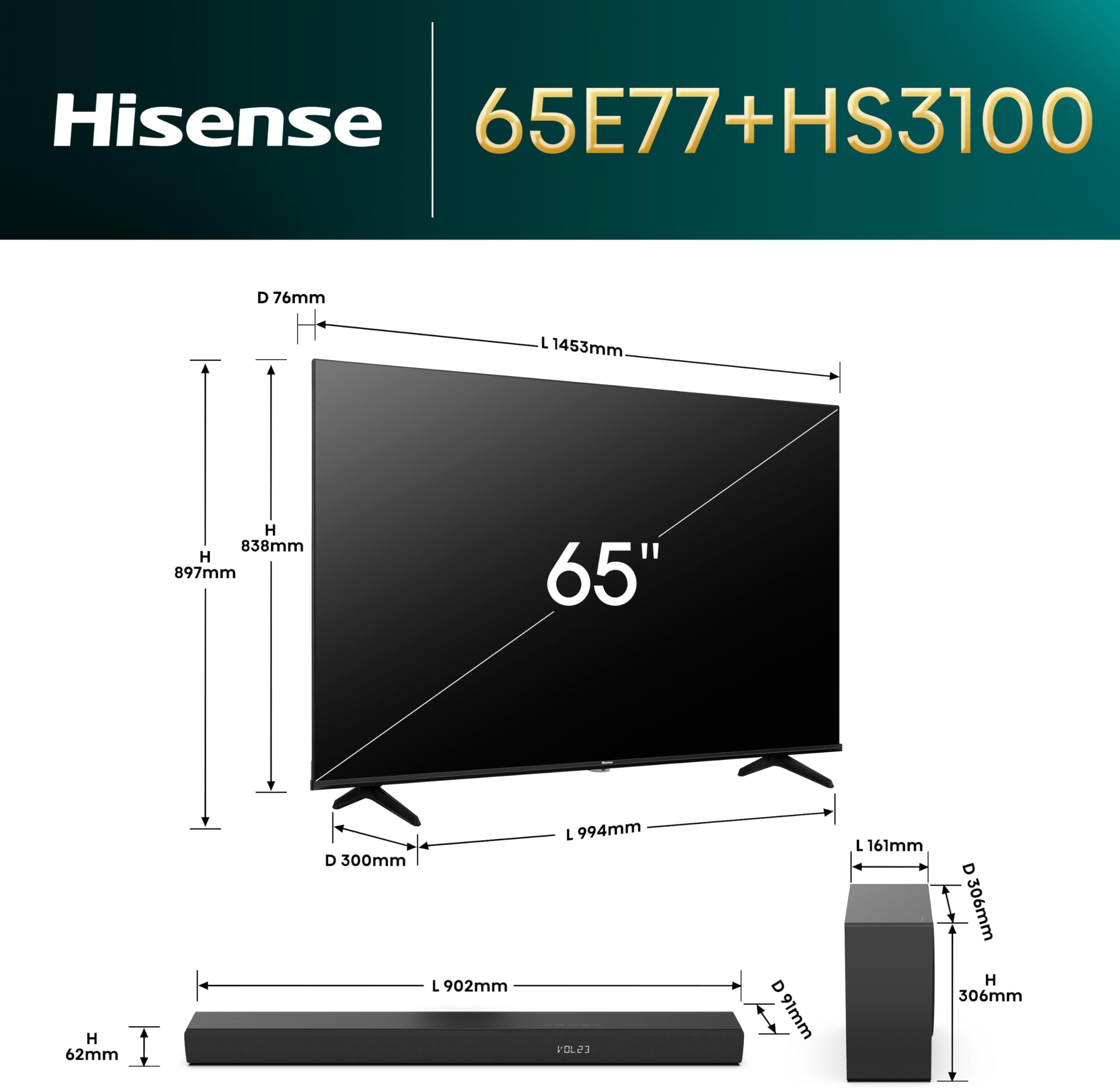 Hisense TV & Soundbar Bundle: 65E77NQTUK TV with Quantum Dot Colour, Dolby Vision Plus the HS3100 Soundbar with 480W Power, Direct Surging Sound, The Perfect Match for the ultimate Audio-Visual Experience