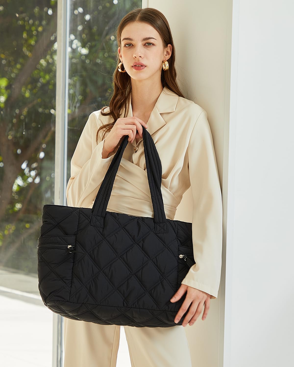 Prite Quilted Tote Bag for Women, Lightweight Puffer Tote with Zipper, Travel Work Nurse Gym Bag(Black) - Image 3