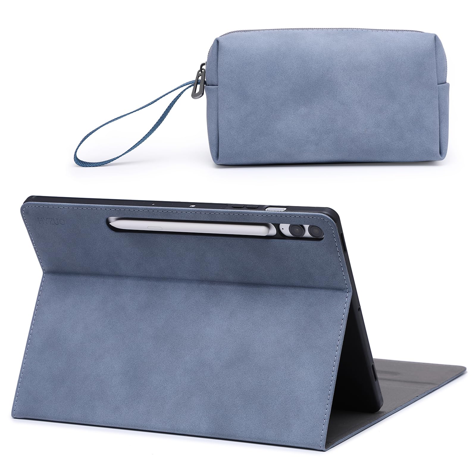 HYZUO Case for Samsung Galaxy Tab S9 FE+ Plus/Galaxy Tab S9+ Plus 12.4 Inch 2023, Multi-Angle Viewing Folio Stand with S Pen Holder, Protective Tablet Cover with Pouch, Auto Wake/Sleep, Haze Blue