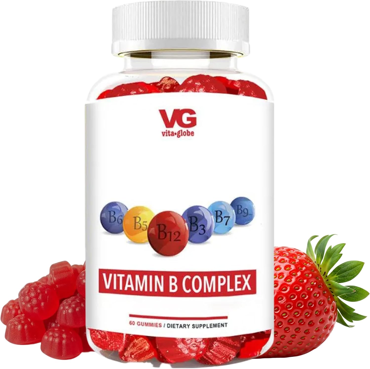 VITA GLOBE B Complex Gummy Vitamins | Vegan Non-GMO Strawberry Chewables with Vitamin C, Niacin, B6, B12 & Biotin | Supports Energy Metabolism, Heart Health & Brain Function | 120 Count (2 Pack)