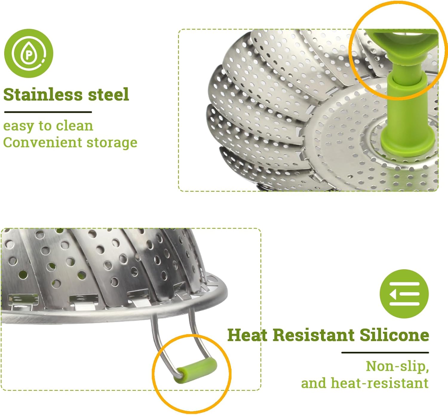 Folding Stainless Steel Steamer Basket (5.5-9 Inches) with Heat Resistant Handle - Ideal for Cooking Seafood, Vegetables, Fruits - Expandable and Easy to Clean - Dishwasher Safe (9 Inch) image 4