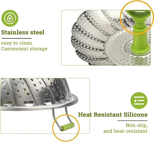 Miniatura 4 de Cesta de vapor plegable de acero inoxidable (5.5-9 pulgadas) con mango resistente al calor, ideal para cocinar mariscos, verduras, frutas,