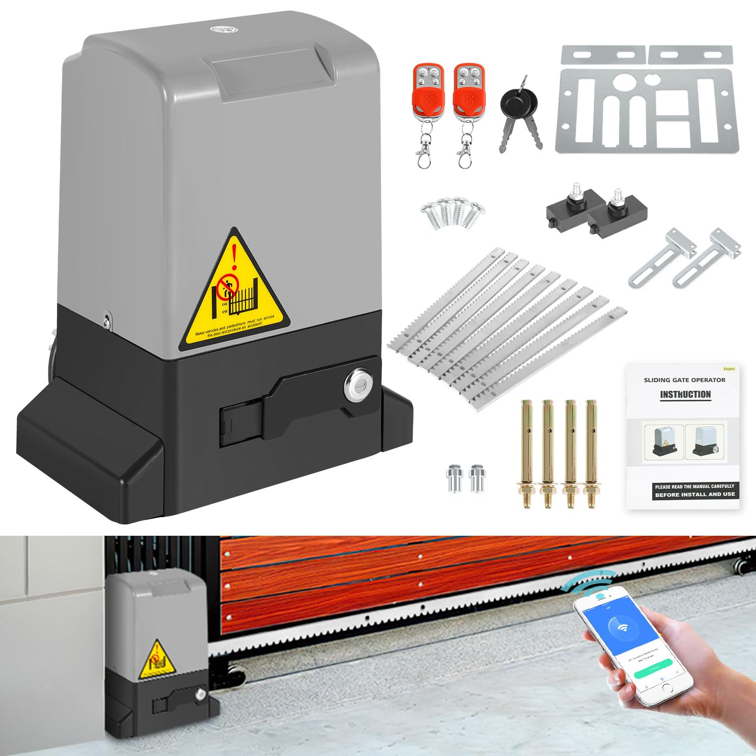 Motor Puerta Corredera 550W 1200KG Motor para Puerta Corredera Smart WiFi Accionamiento Eléctrico De Puerta con 4M Cremallera, 2 Mandos de Garaje, Kit Motor Puerta batiente