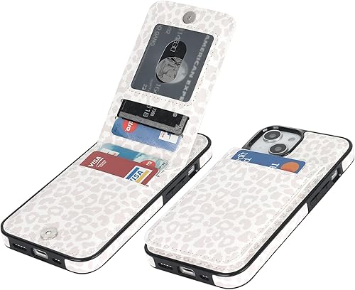 Vaburs Funda compatible con iPhone 13 y iPhone 14 con tarjetero de crédito, diseño de leopardo blanco con tapa de piel sintética de primera calidad,