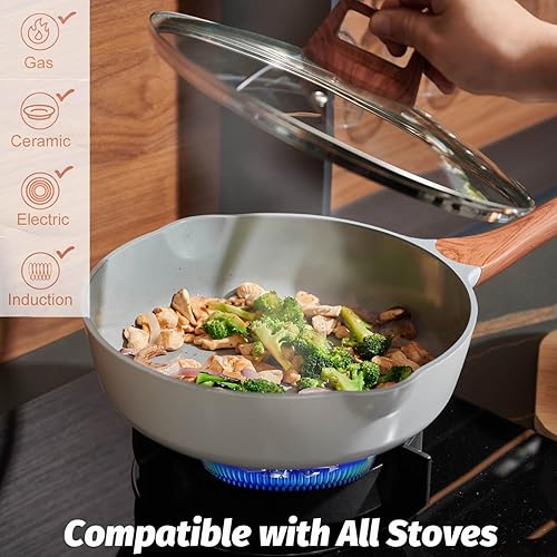 Miniatura 3 de Sartenes antiadherentes con tapa, sartén profunda de 11 pulgadas, antiadherentes, sartenes de cerámica con boquilla de vertido, sartén no tóxica