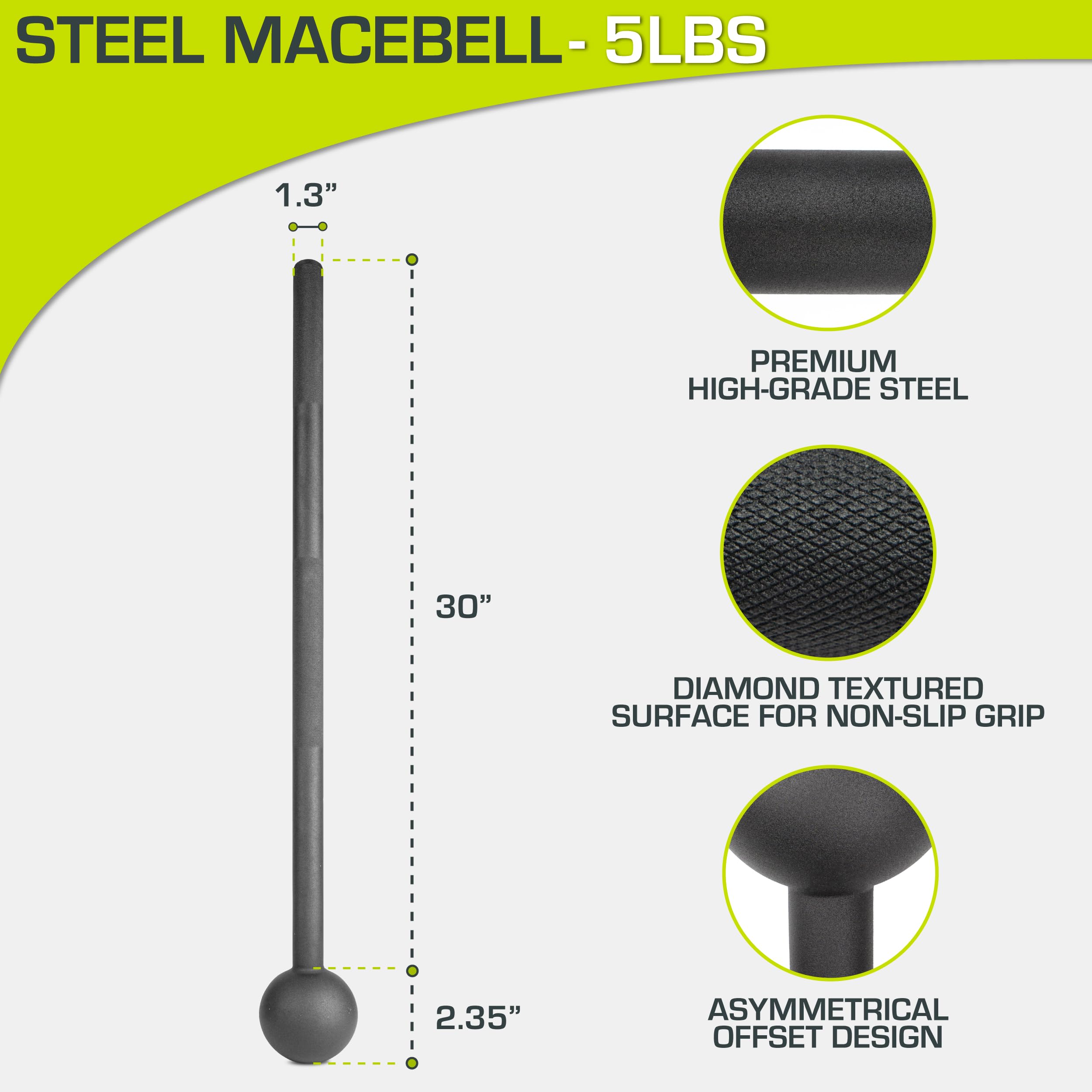 ProsourceFit Steel Macebell, Heavy Duty Steel Mace, Workout Mace with Non-Slip Grip for Gada, Strength and Core Training, 5lb