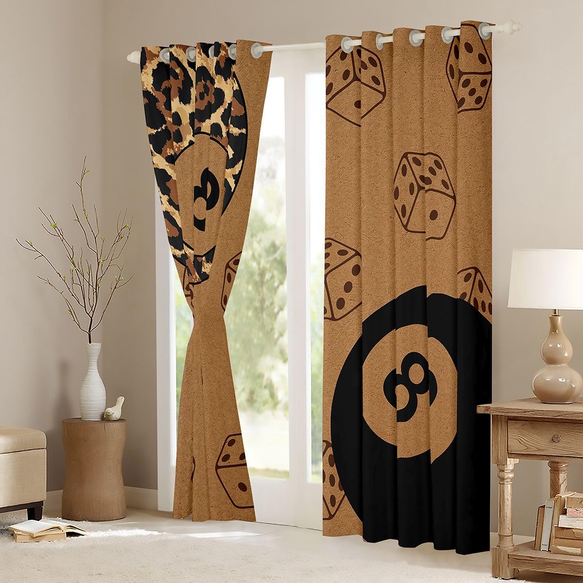 Homewish Funky Y2K modne zasłony okienne, 117 x 137 cm, 2 zestawy paneli – lampart szczęście 8 kul zasłony zaciemniające retro lampart nadruk geparda zasłony okienne księżniczka moda kości