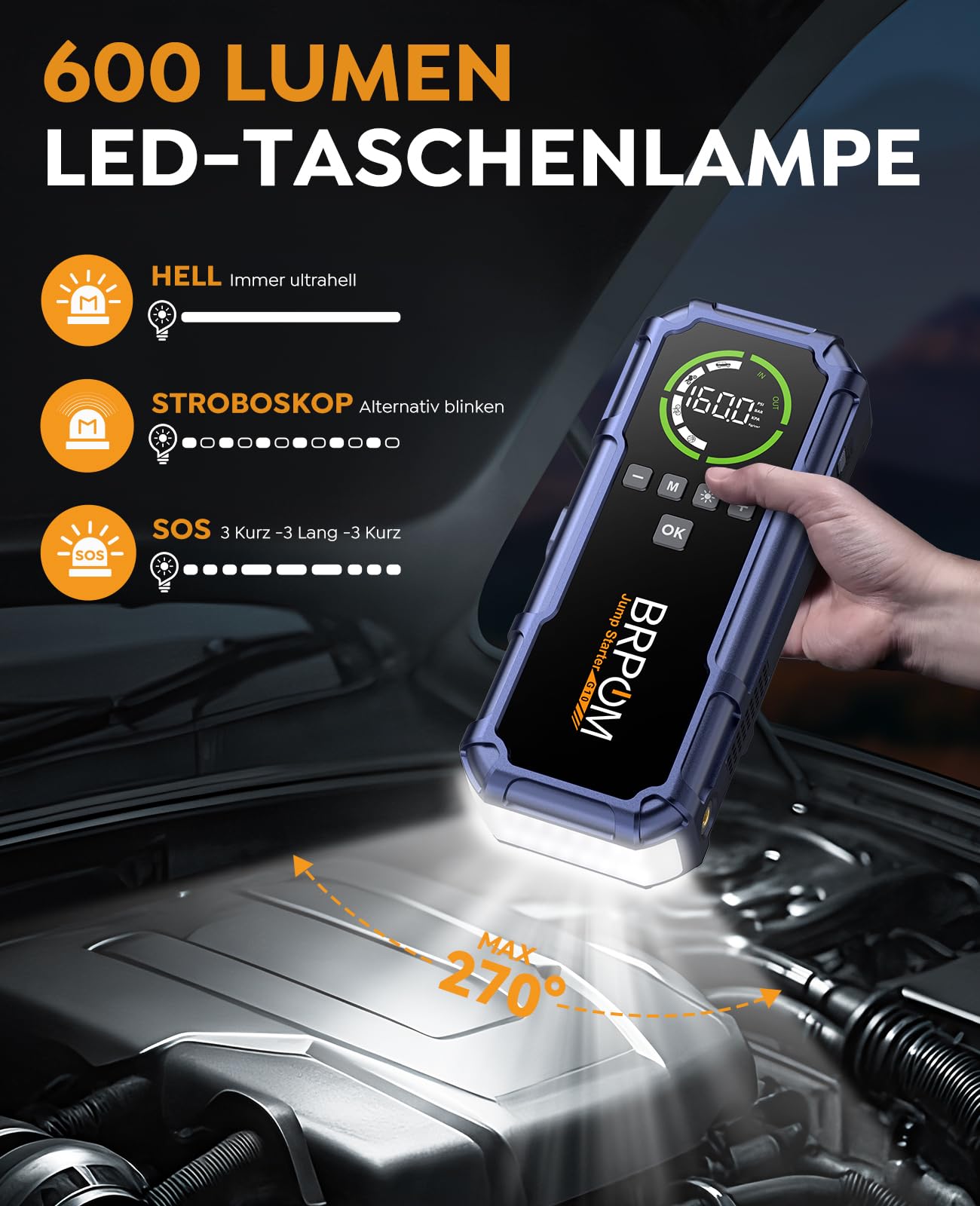 BRPOM Starthilfe Powerbank für Pkw mit Kompressor 160PSI,8000A Auto Starthilfe Powerbank für All Benzin und 12.0L Dieselmotor,Starter Powerbank Eingang/Ausgang und 600LUM LED-Licht Lila