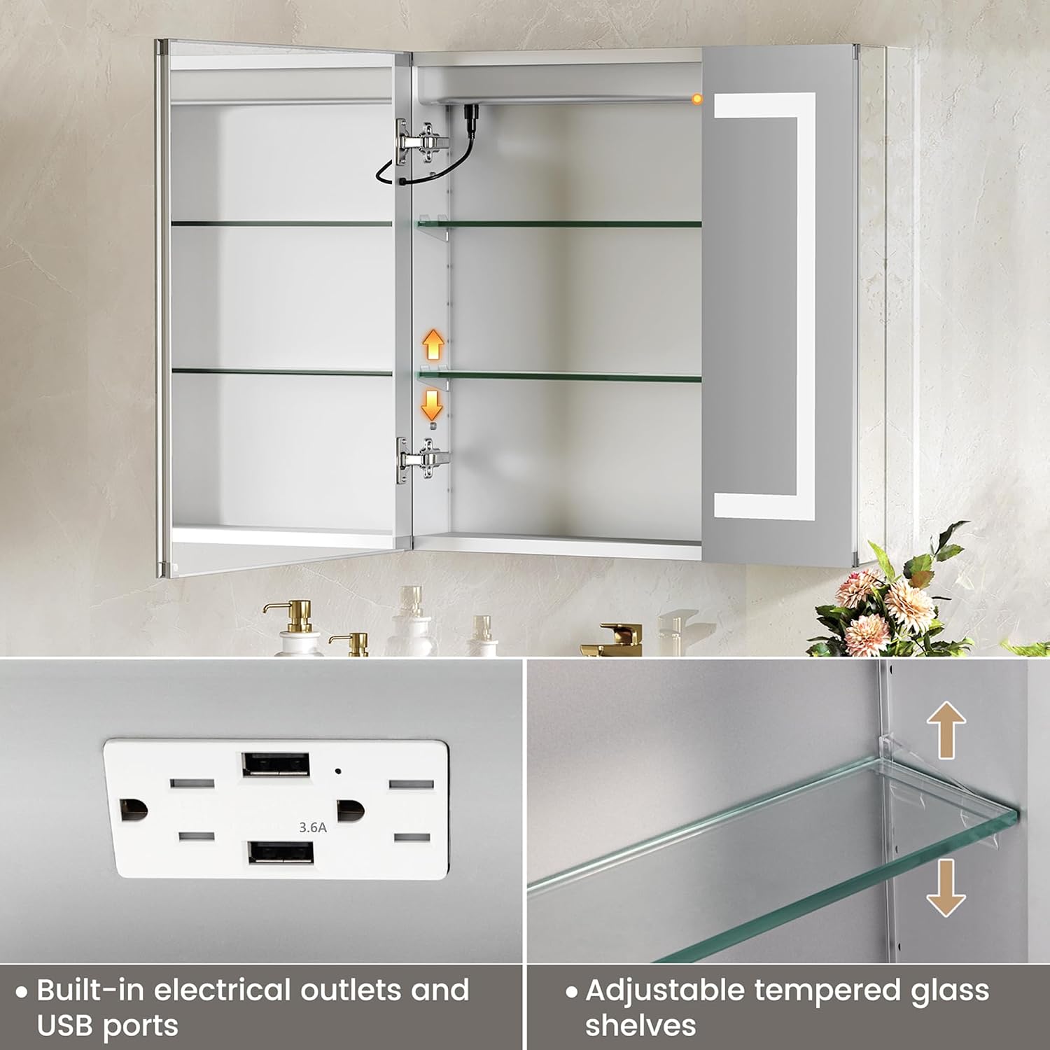 LED Lighted Medicine Cabinet with Mirror 24"*26",Bathroom Mirror Cabinet with Lights, Outlet and USB, Recessed or Wall Mounted, Adjustable Shelf, 3-Color, Dimmer, Anti-Fog