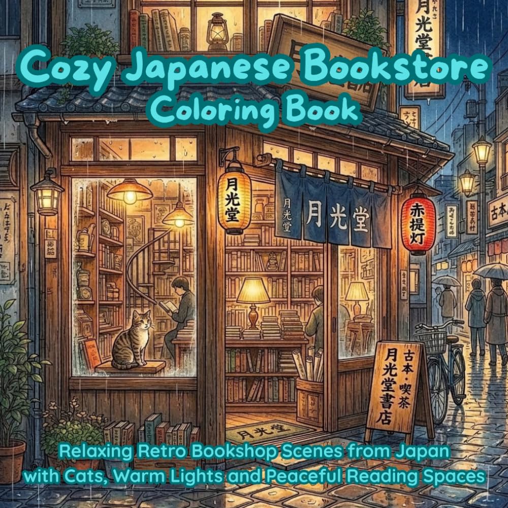 Cozy Japanese Bookstore Coloring Book: Relaxing Retro Bookshop Scenes from Japan with Cats, Warm Lights and Peaceful Reading Spaces (Cozy Japan Coloring Series)