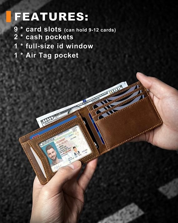 Men's RFID Blocking Bifold Wallet Genuine Leather with AirTag Holder Cash Slots ID Window & Slim Design (Brown)