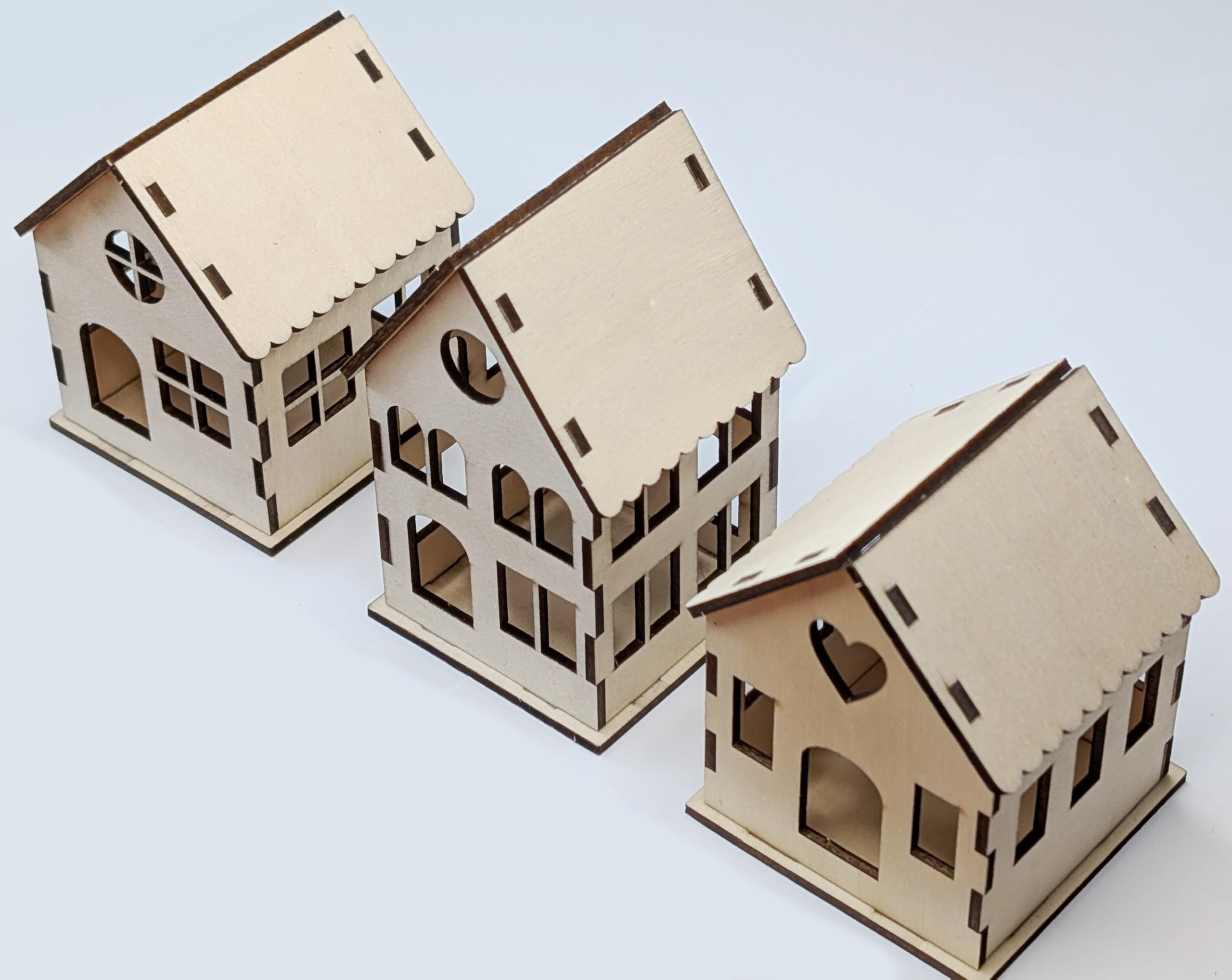 Decorative Wooden Christmas Village Houses, Set of 3, Natural Wood, 77-94 mm Seasonal Craft