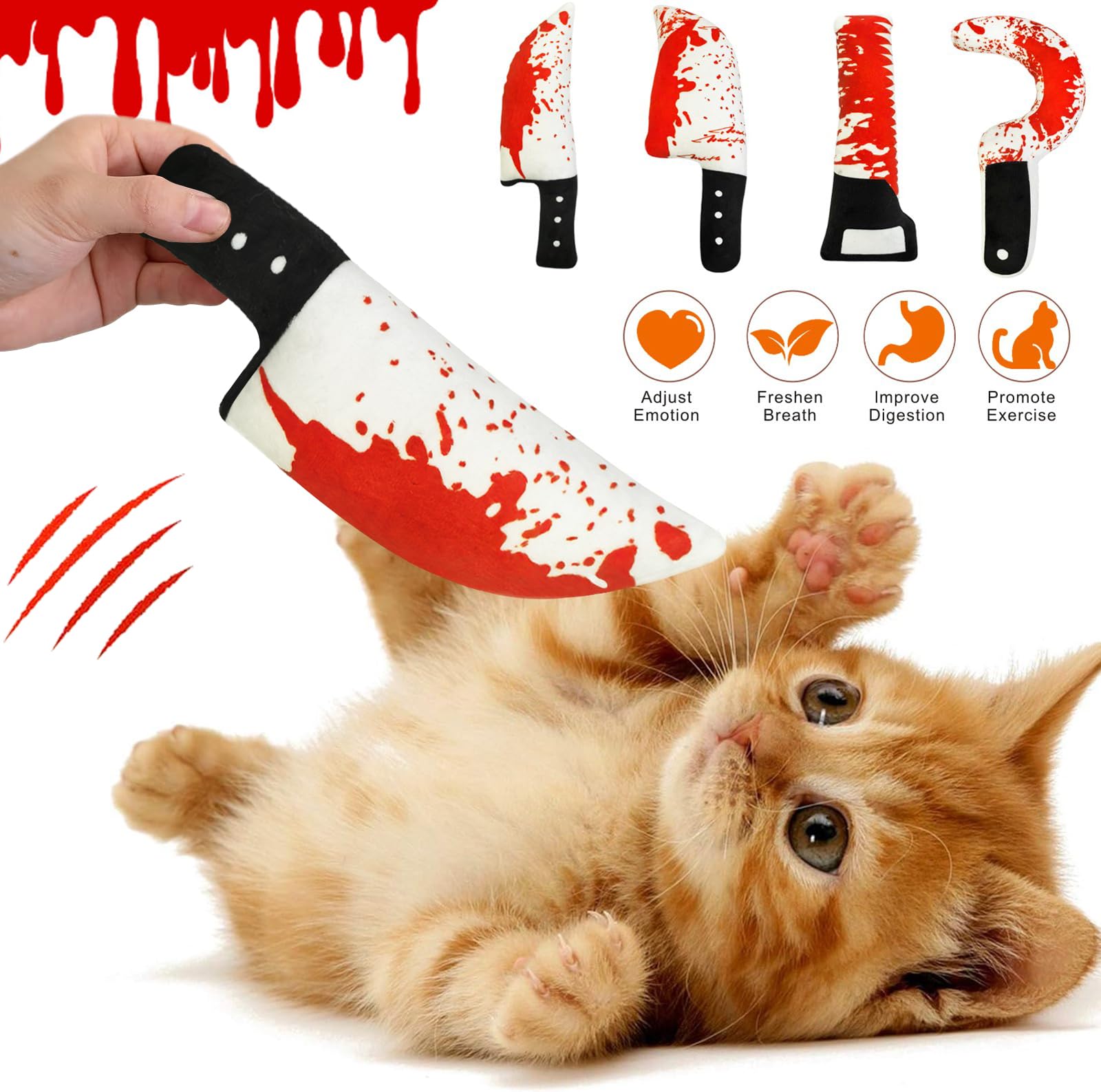 Idepet 4 Pcs Cat Toys Catnip Crinkly Sound Toy Horror Toys Knife-Shaped Kitten Bite Teething Chew Toys for Indoor All Breeds Cats Exercise