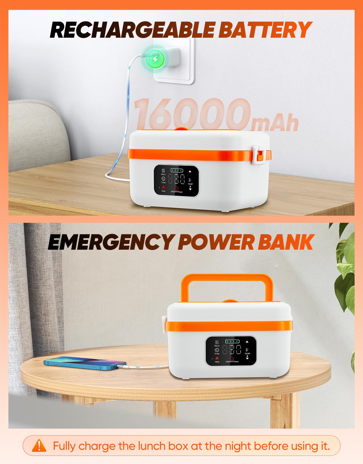Fiambrera eléctrica inalámbrica, calentador de alimentos autocalentable, fiambreras a batería con recipiente de 1 litro, lonchera térmica recargable para hombres, mujeres, automóvil, camión 4