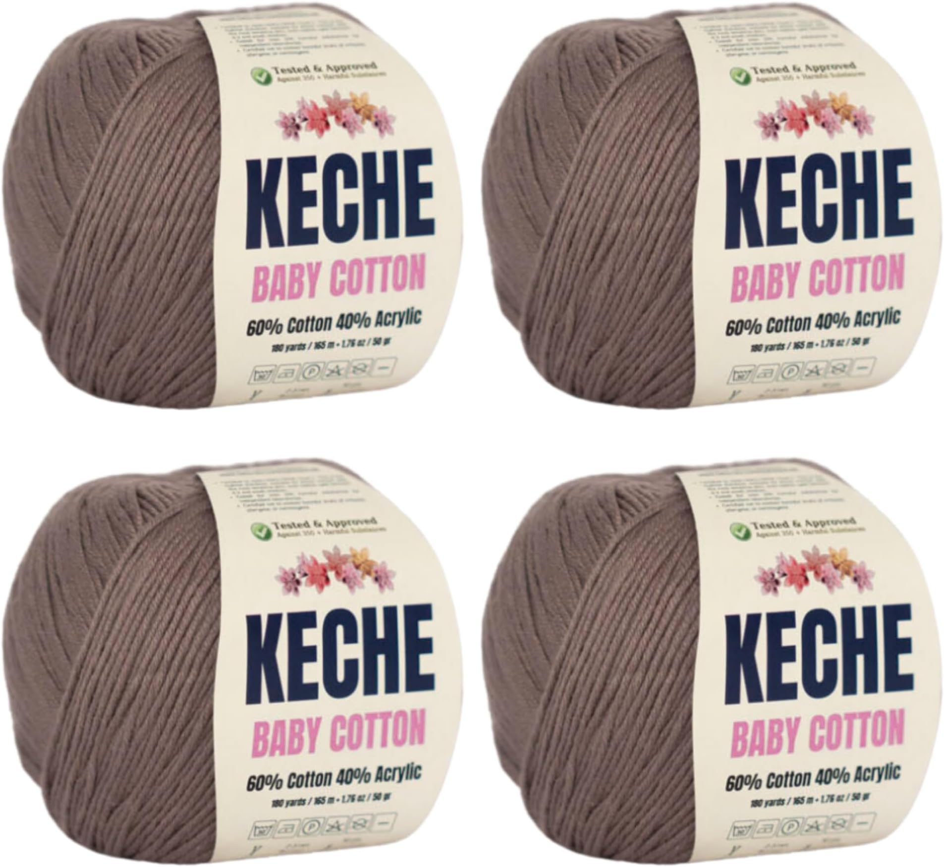 Keche Cotton Yarn, 60% Cotton 40% Acrylic Yarn, Soft Cotton Yarn for Crochet and Knitting, Amigurumi Yarn 4 Skeins/Balls [1.76 Oz (50g) / 180 Yrds (165m)] x 4 - Mink