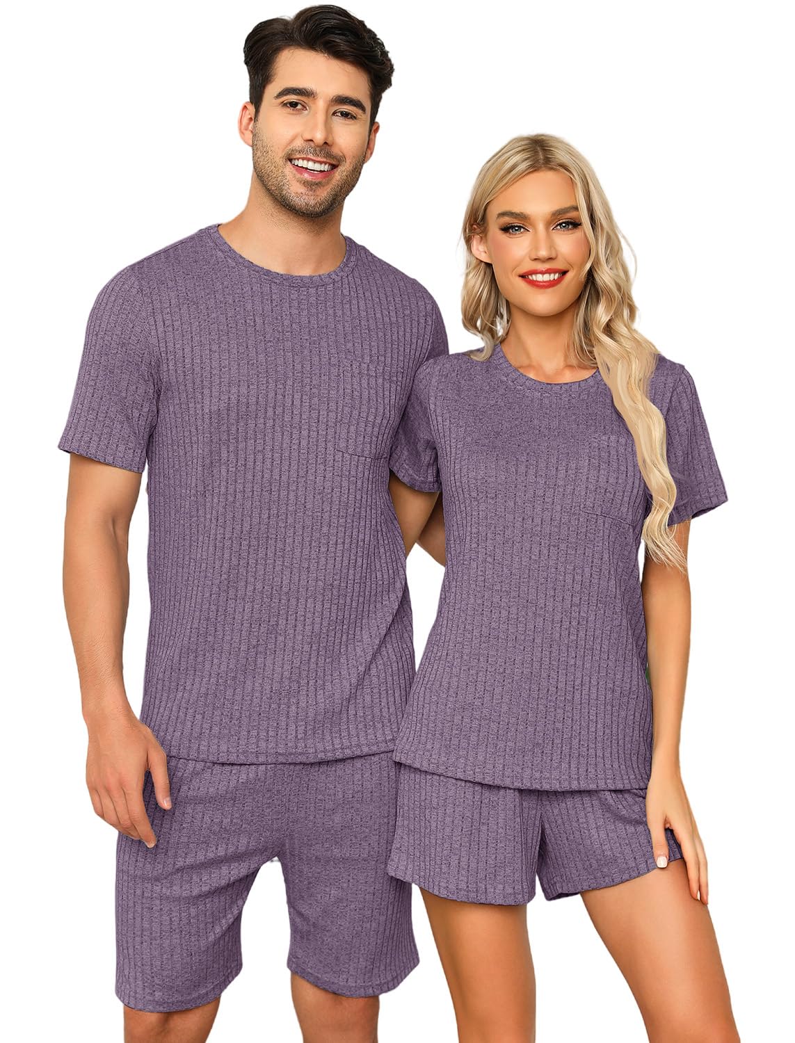 SPKPKEY Matching Pajamas for Couples Ribbed Knit Lounge Set Soft Short Sleeve 2 Pieces Sleepwear S-XXL