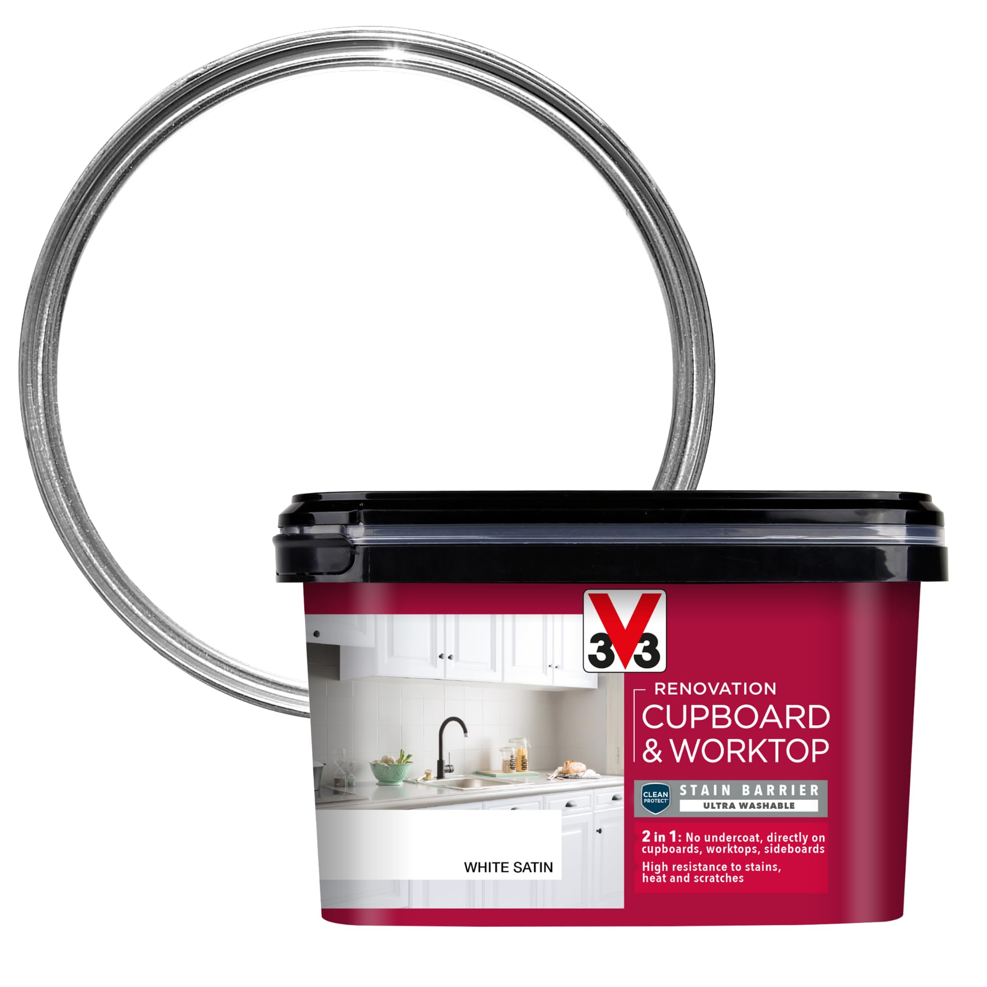 V33 Renovation Cupboard & Worktop Paint, White Satin, 2L