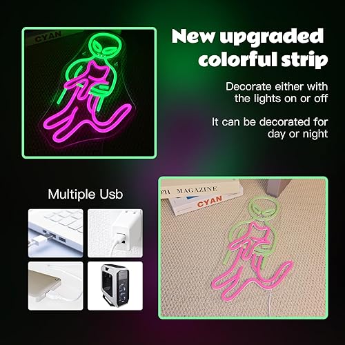 Miniatura 4 de Ineonlife Letrero de neón de gato de alienígena, divertido gato verde y rosa, letreros de neón para hombres, cueva, luz LED, decoración de pared,