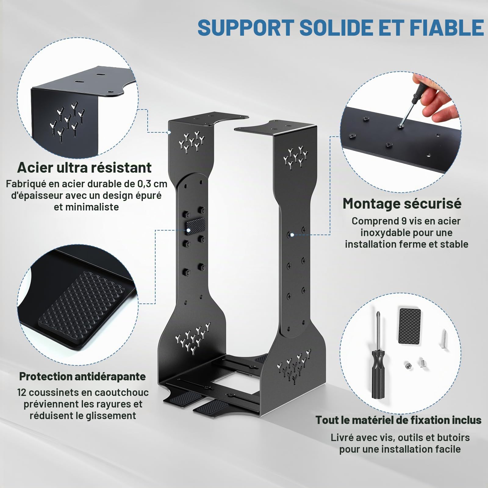 Support pour ordinateur sous bureau avec capacité de charge de 35 kg, hauteur réglable (34 à 65 cm), support universel pour tour d'ordinateur pour bureau, maison et lieux de travail - Noir