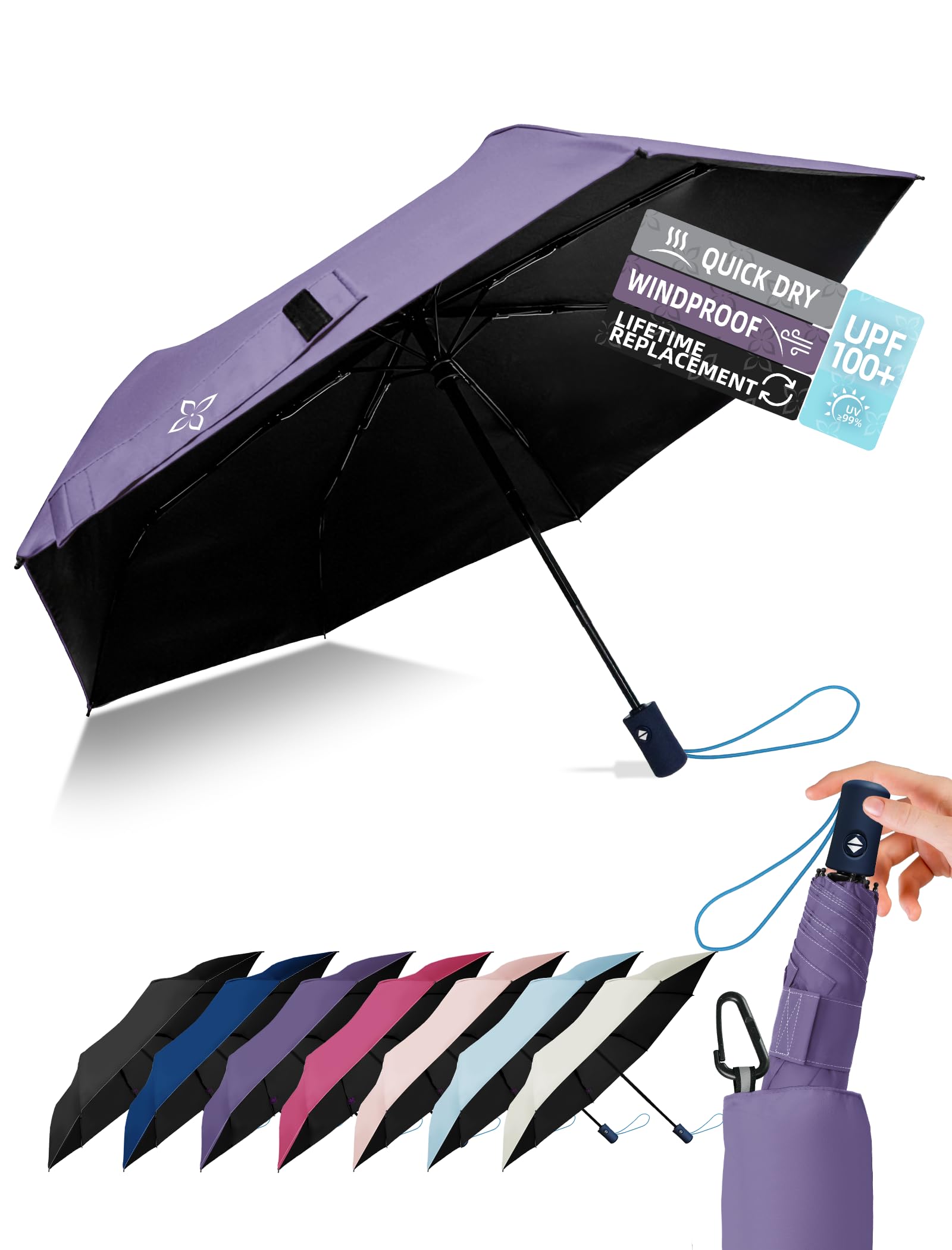 LILAC Windproof Travel Umbrella for Rain - 43" Compact Folding Umbrella, Reinforced Strong Frame, Lightweight Portable Parasol with UPF 100+ UV Sun
