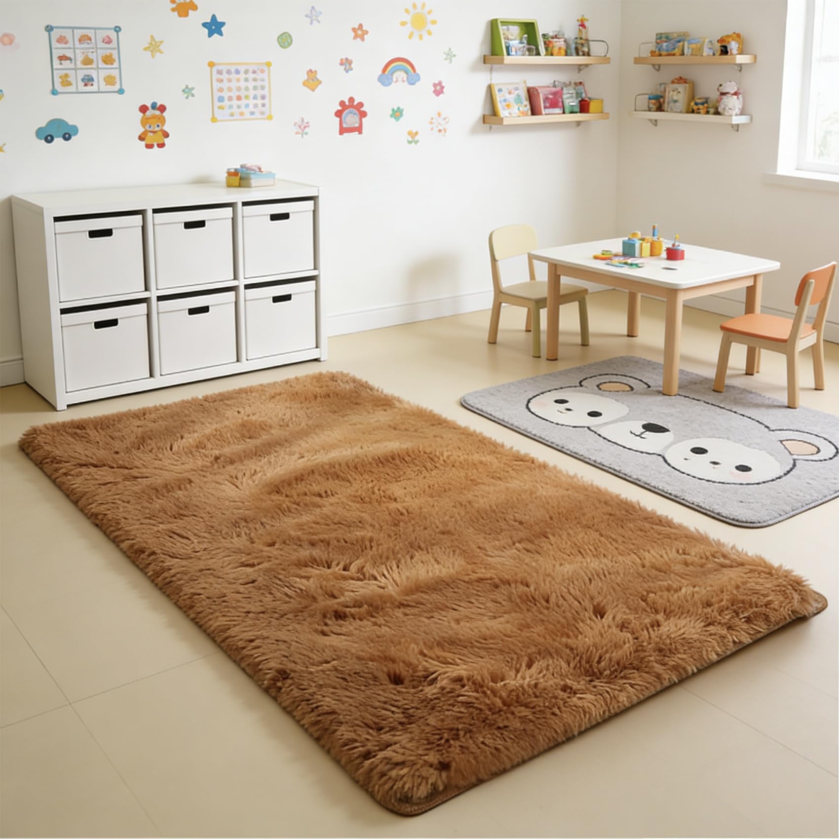 Tapis de salon marron 102 x 160 cm, grand tapis shaggy à poils longs