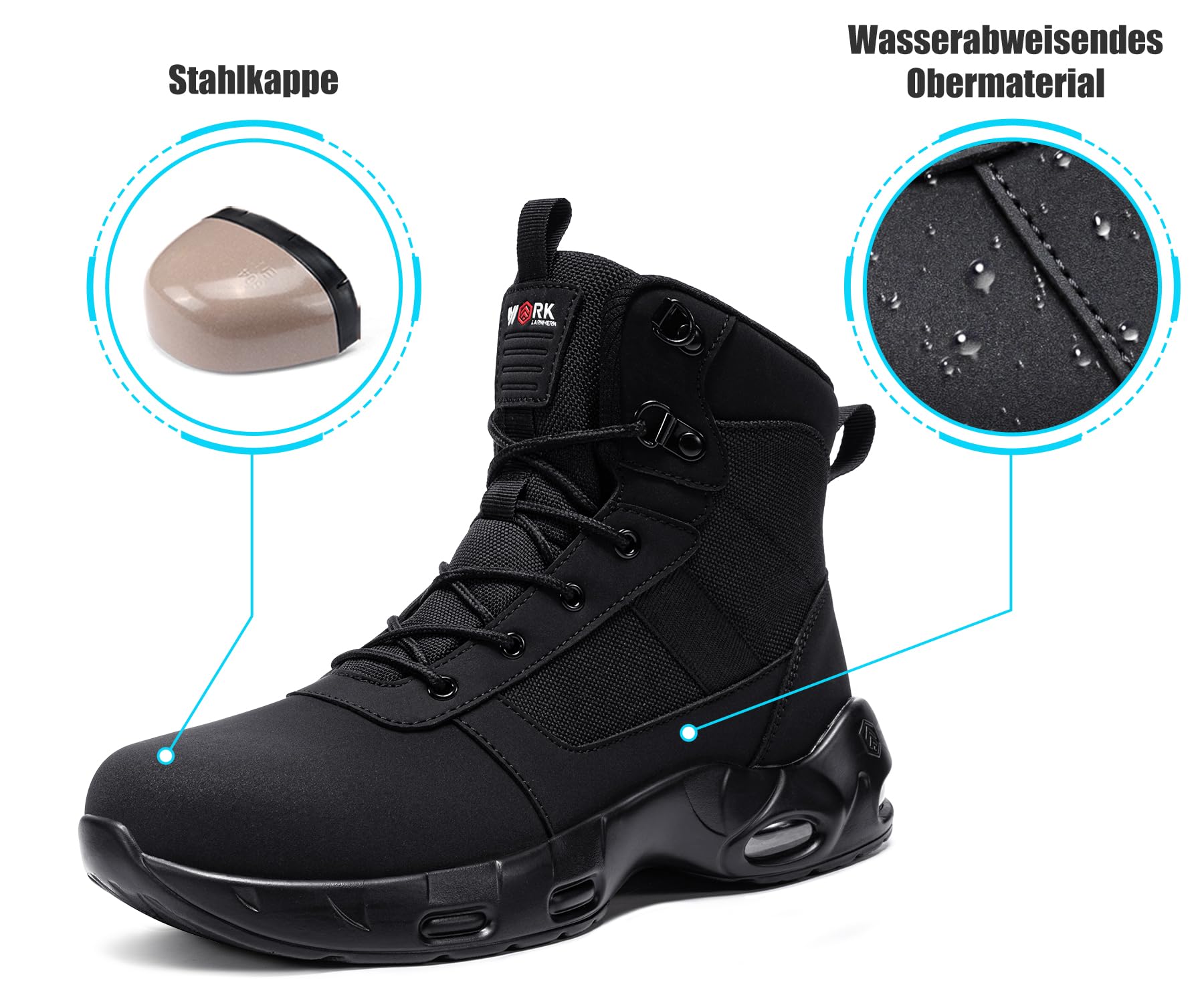 LARNMERN Sicherheitsstiefel Herren Damen Leicht Arbeitsschuhe Hoch | Sicherheitsschuhe Stahlkappenschuhe Wasserdicht Schwarz Bequeme Atmungsaktive Dämpfung Sportlich Industrie Lager