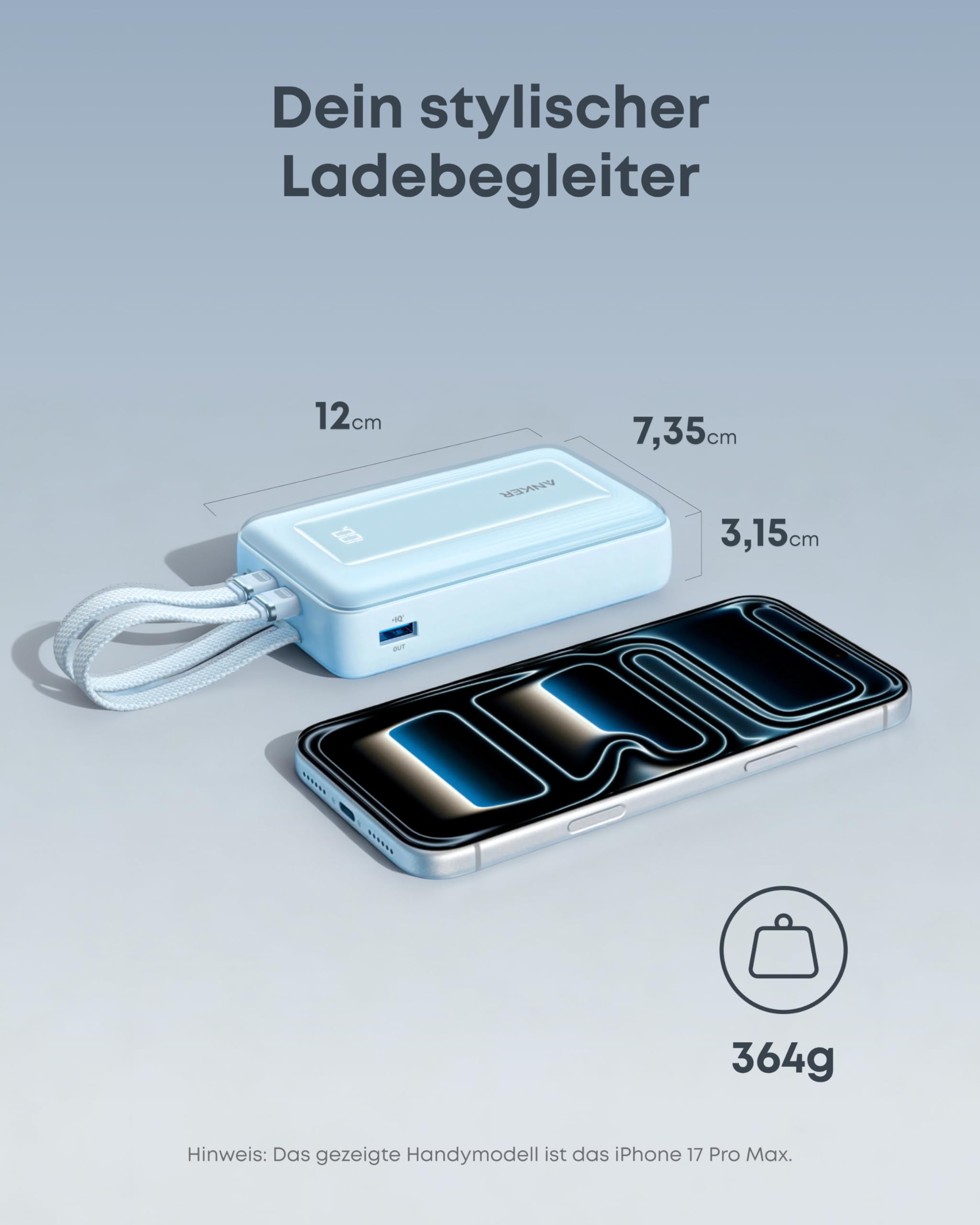 Anker Zolo Powerbank (2025 Upgrade), 45W Schnellladung, 20000 mAh Akku-Pack, Zwei integrierte USB-C Kabel, 1 USB-C und 1 USB-A Port, für iPhone 17/16-Serie, Galaxy, MacBook und mehr