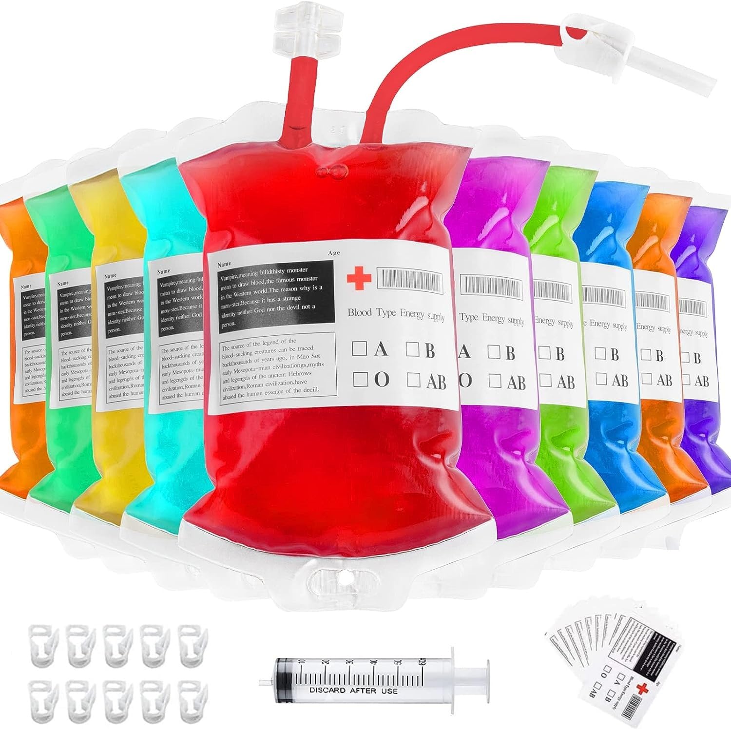 10Pcs Halloween Blood Bags for Drinks, Blood Bag with Syringe Clips Blood Type Sticker, Reusable Halloween Decorations Blood Pouches, Blood Drinks Container for Halloween Zombie Cosplay Party