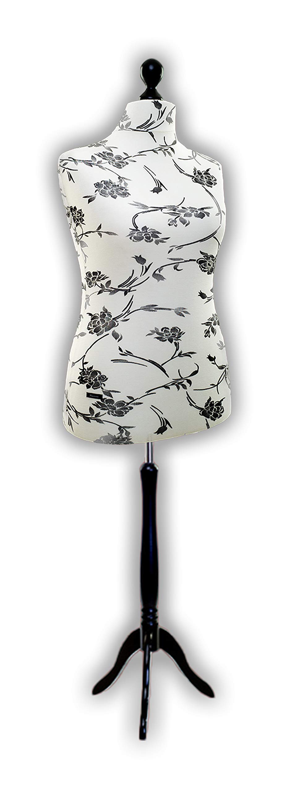 Mannequin de Couture LUCCESI | à Prix d'essai ! | Tailles S - XL (Femme) | Housse Interchangeable Blanc crème/Motif Floral (Noir) | Socle Noir (XL (44-46))