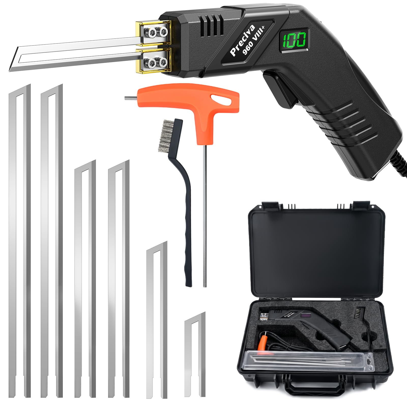 Preciva 80W Styroporschneider mit 6 geraden Klingen & Box | Heißschneider (Einstellbare Temperatur 200-600℃), Heißmesser für Schaum Plastik Stoff Seil, inkl. Aufbewahrungsbox