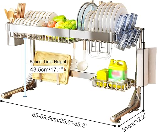 Miniatura 7 de Escurridor de platos para colocar sobre el fregadero, escurridor de platos ajustable de 2 niveles, soporte organizador de fregadero con soporte para