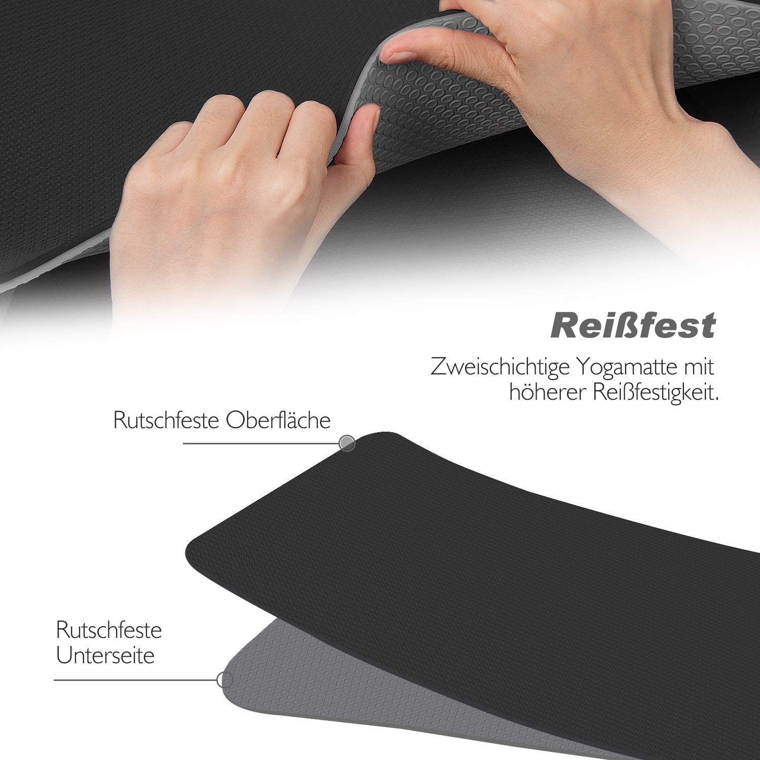 TOPLUS - Tappetino da ginnastica o da yoga, imbottito e antiscivolo, adatto per fitness, pilates e ginnastica, con tracolla, 183 x 61 x 0,6 cm, Nero