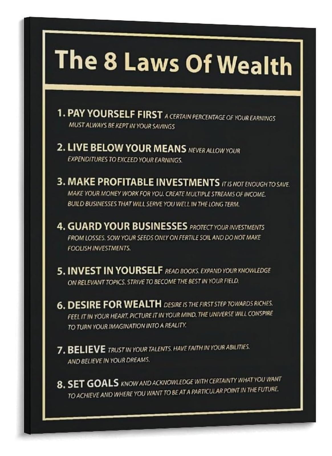 MDBJTCYZN Modern Office Decor Canvas Art 8 Laws of Wealth Print Entrepreneur Motivational Quote for Wealth Success Business Inspiration(Framed,12x18inch(30x45cm))
