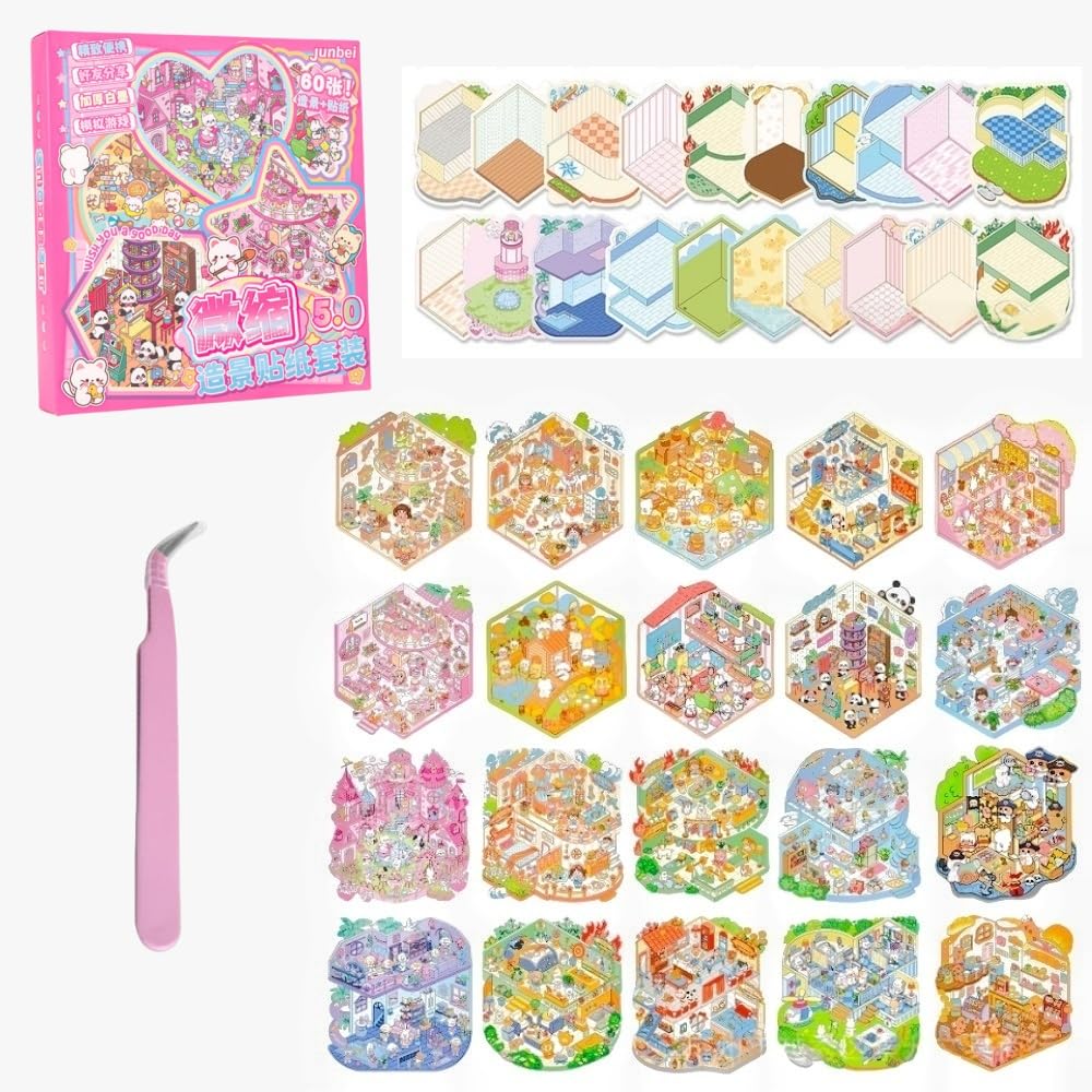 20 Sets DIY Stickers Scene Box,Cute 3D Mini House Stickers Set for Adults with Tweezers Make Your Own Room Simulation Game Sticker Scene Therapy for Adults Relief Stress Pass The Time Gift