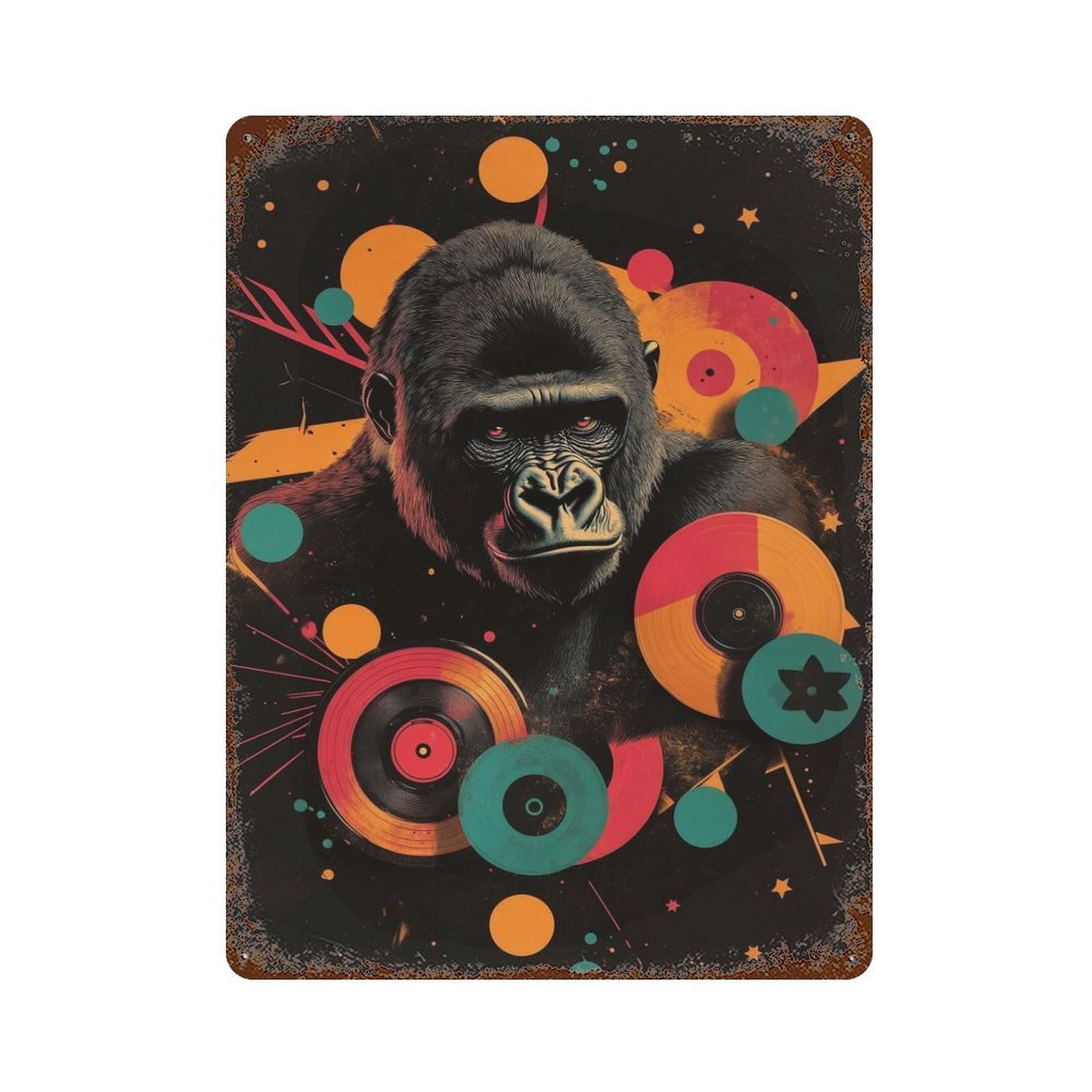Gorilla with Records Digital Art Gorilla Urban Jungle Rustic Tin Plaque 15.7"x11.8", Ideal for Shed, Workshop And Garage Wall Decor