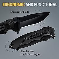 Vista 3 de Grand Way Cuchillo táctico para hombre Cuchillo de bolsillo negro El mejor cuchillo asistido por resorte con rompedor de vidrio y clip de bolsillo